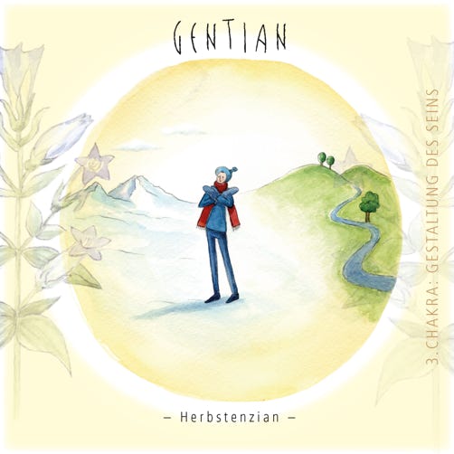 Titelseite Bachblüten-Karte „Gentian“, pessimistische Grundhaltung, Zweifel